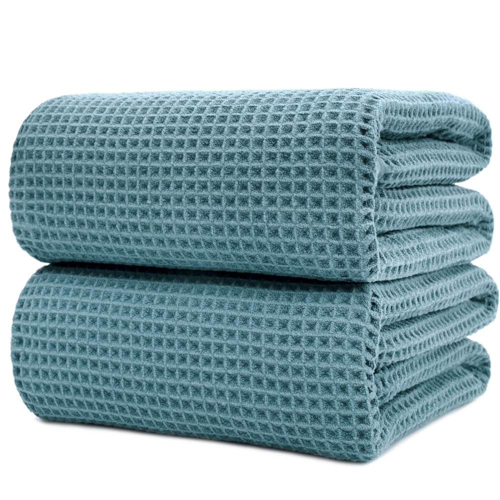 Green Waffle Weave Microfiber Bath Sheet 70x35 Inch 2 Pack Quick Dry Lint Free  