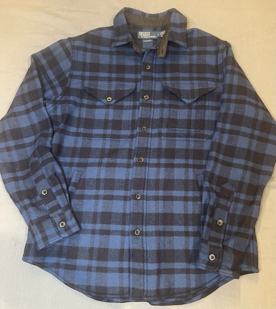 Polo Ralph Lauren Wool Blend Blue Plaid Checks Work Ranch Barn Overshirt Men M