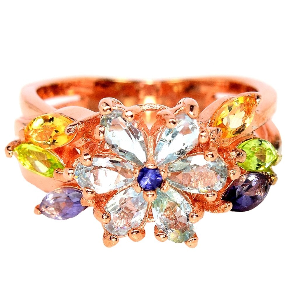 Genuine Sky Blue Topaz Iolite Peridot Citrine Sterling Silver Flower Ring Size 7