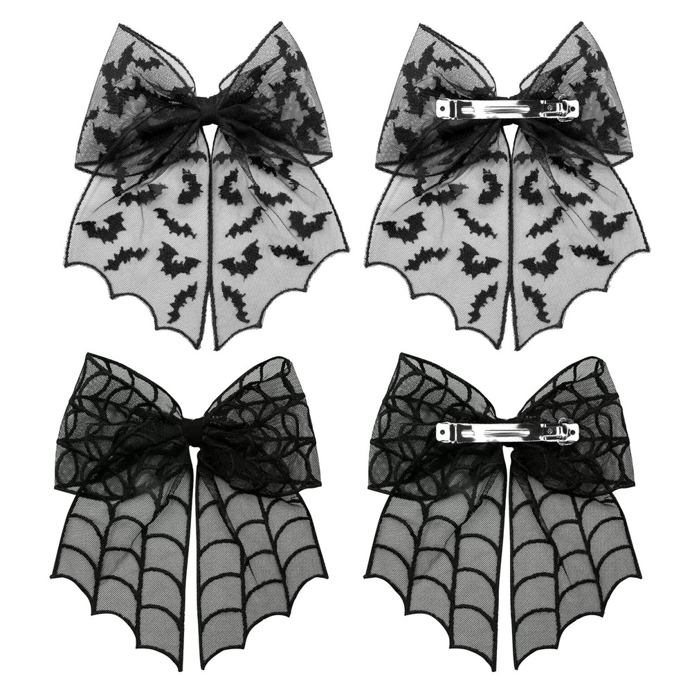 4PCS Lace Halloween Bow Hair Clips Black Spider Web Accessories for Women & Girl