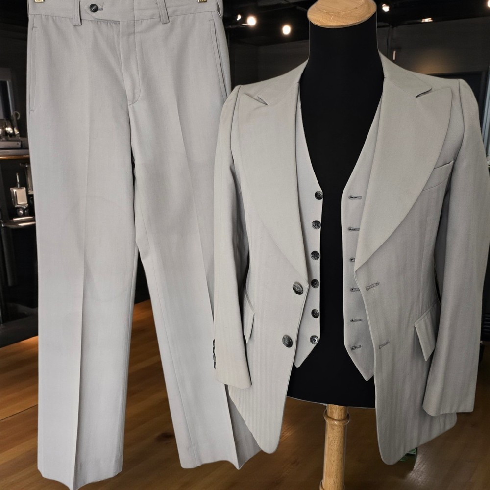 Vintage 1970s 3 Piece Wool Suit 36r Slim 28x32 Wide Peak Lapel Flare Leg