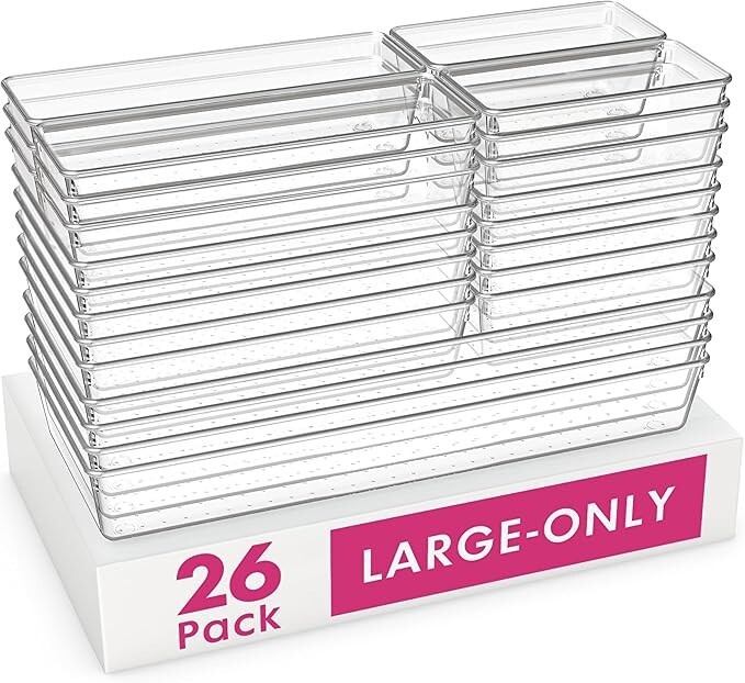 26 Pack Large Clear Plastic Drawer Organizer Bins -5 Size Heavy Duty Acrylic