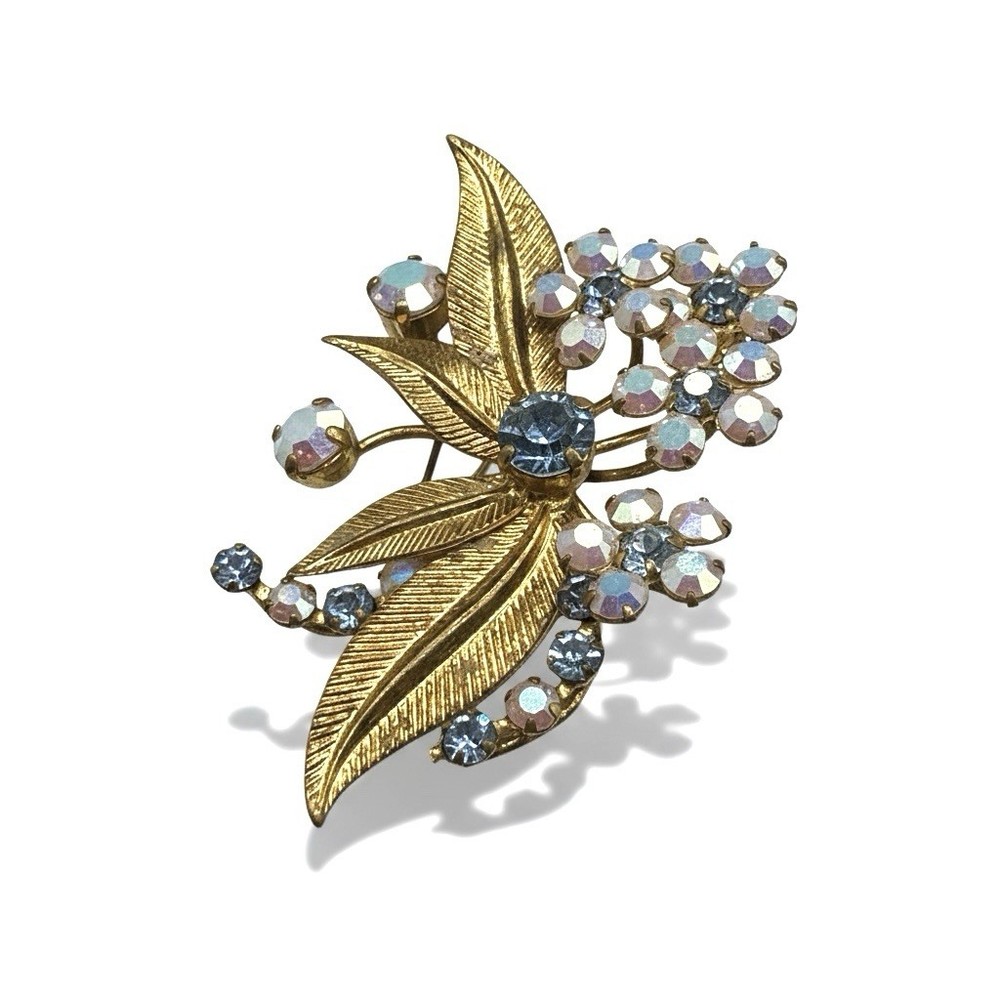 Vintage Signed Made In Austria Blue  Stone And Rhinestones Brooch Gold Tone