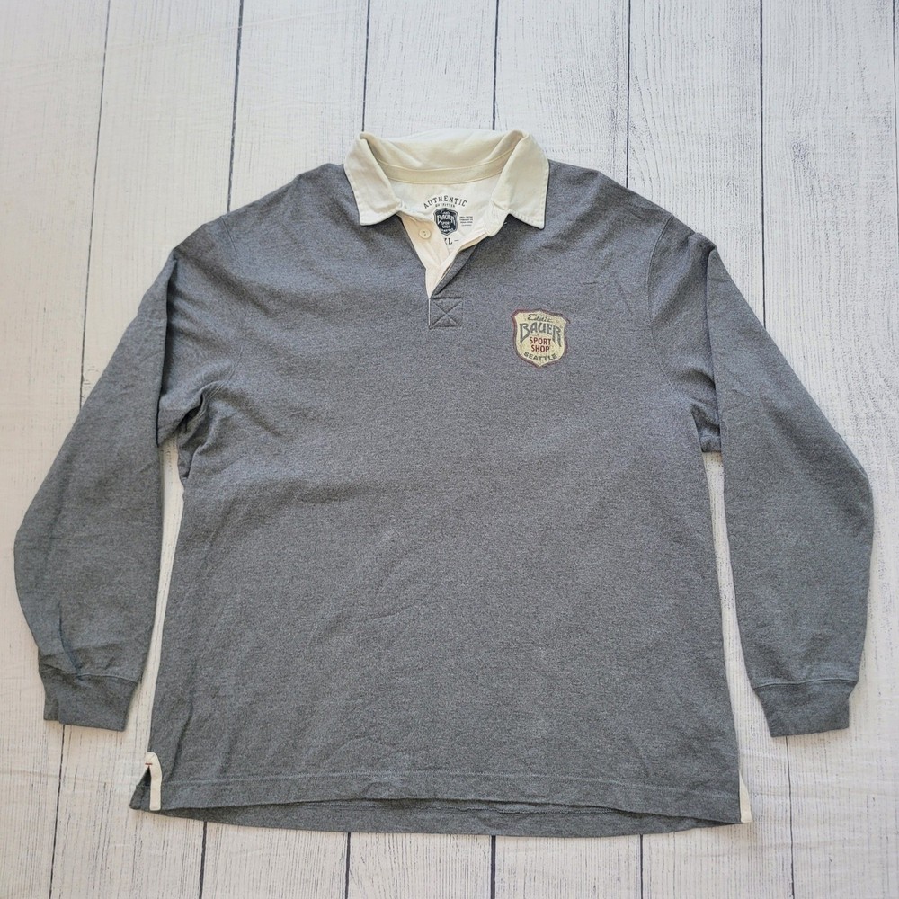 Eddie Bauer Sport Shop Rugby Shirt Gray XL 1920 Logo Long Sleeve Polo