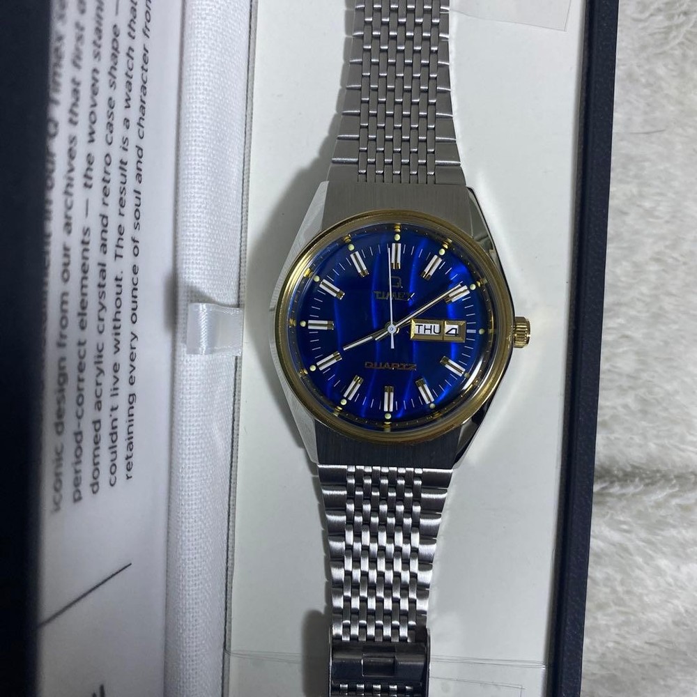Timex Q Timex 1978 Reissue Quartz Watch Blue Dial Stainless Steel Vintage