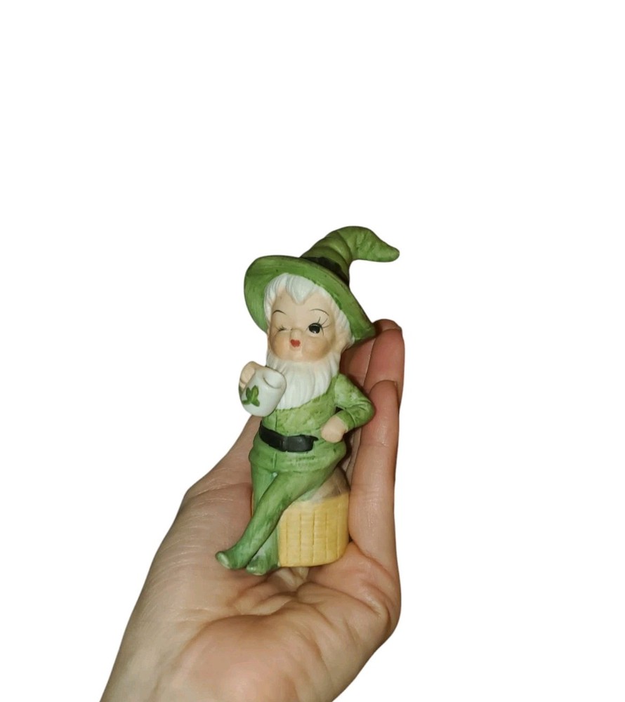 Vintage Ceramic Bisque Leprechaun Figurine with Winking Charm