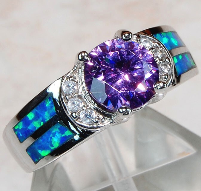 1CT Amethyst and Australian Opal Inlay 925 Sterling Silver Ring Size 6 AB5