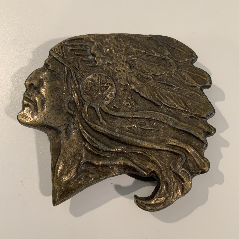 VINTAGE ANTIQUE METAL BELT BUCKLE NATIVE AMERICAN INDIAN WAR CHIEF