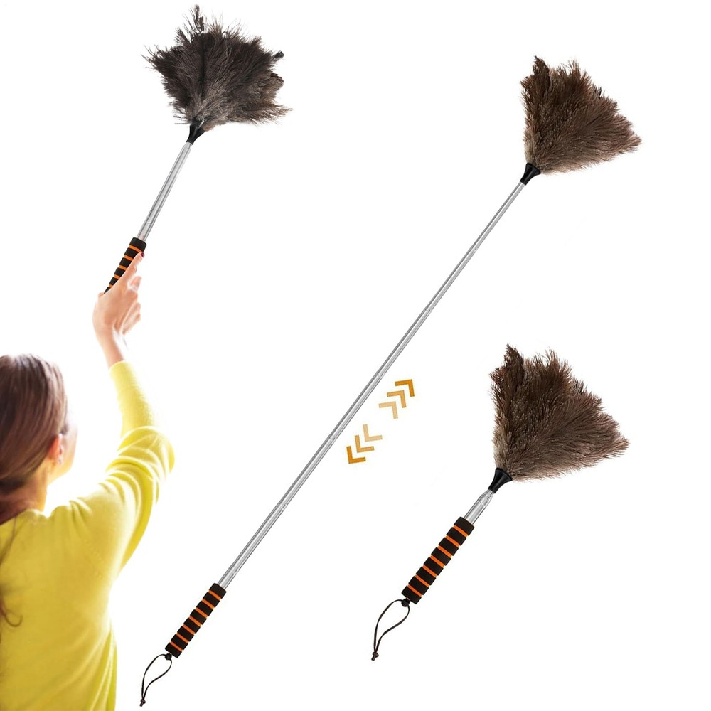 61 Inch Natural Feather Duster Brush Wood Handle Home Cleaning Brush Anti-Static