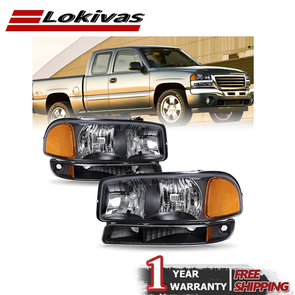 For 1999-2007 GMC Sierra Yukon Black Housing Amber Headlights+Bumper Lamps 4Pcs