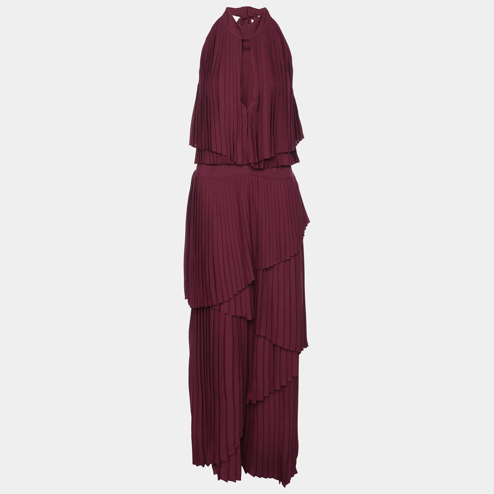 Elie Saab Burgundy Polyester Halterneck Pleated Long Dress M