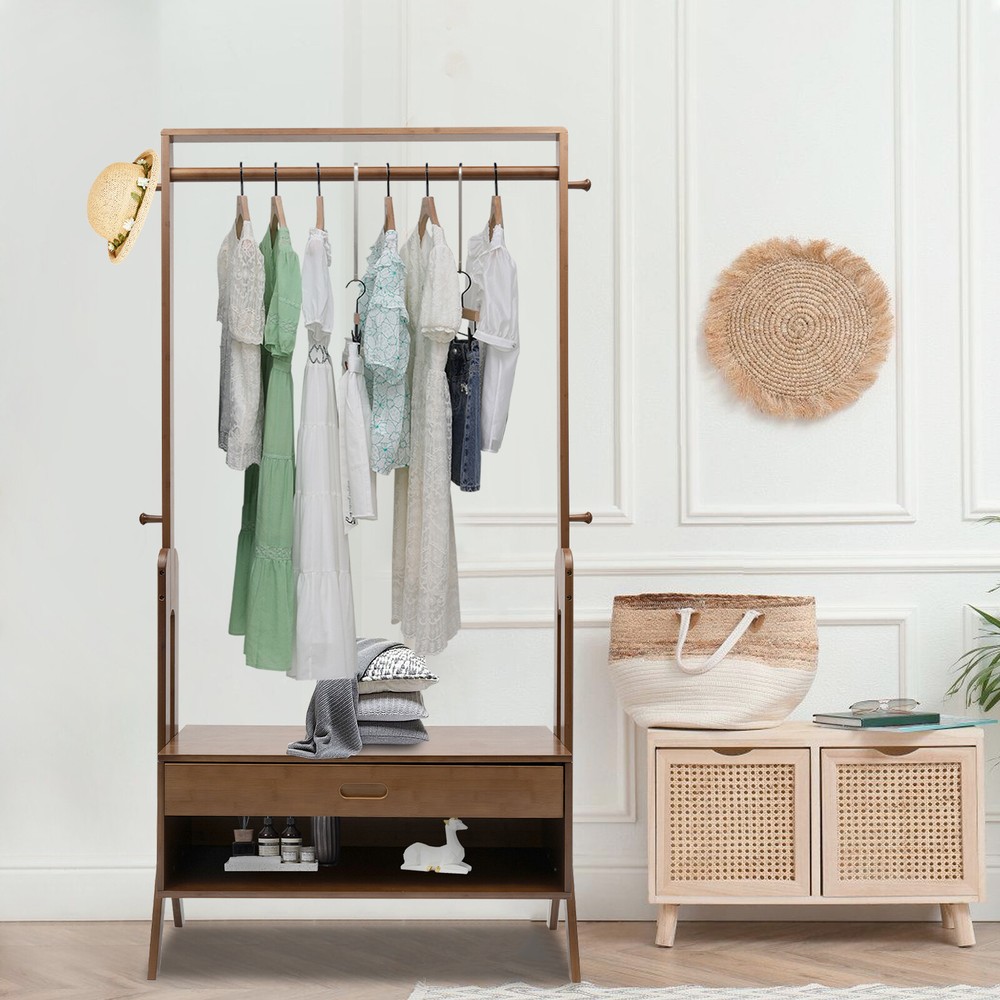 Vintage Bamboo Freestanding Garment Rack with 300lb Capacity - Retro Closet Organizer