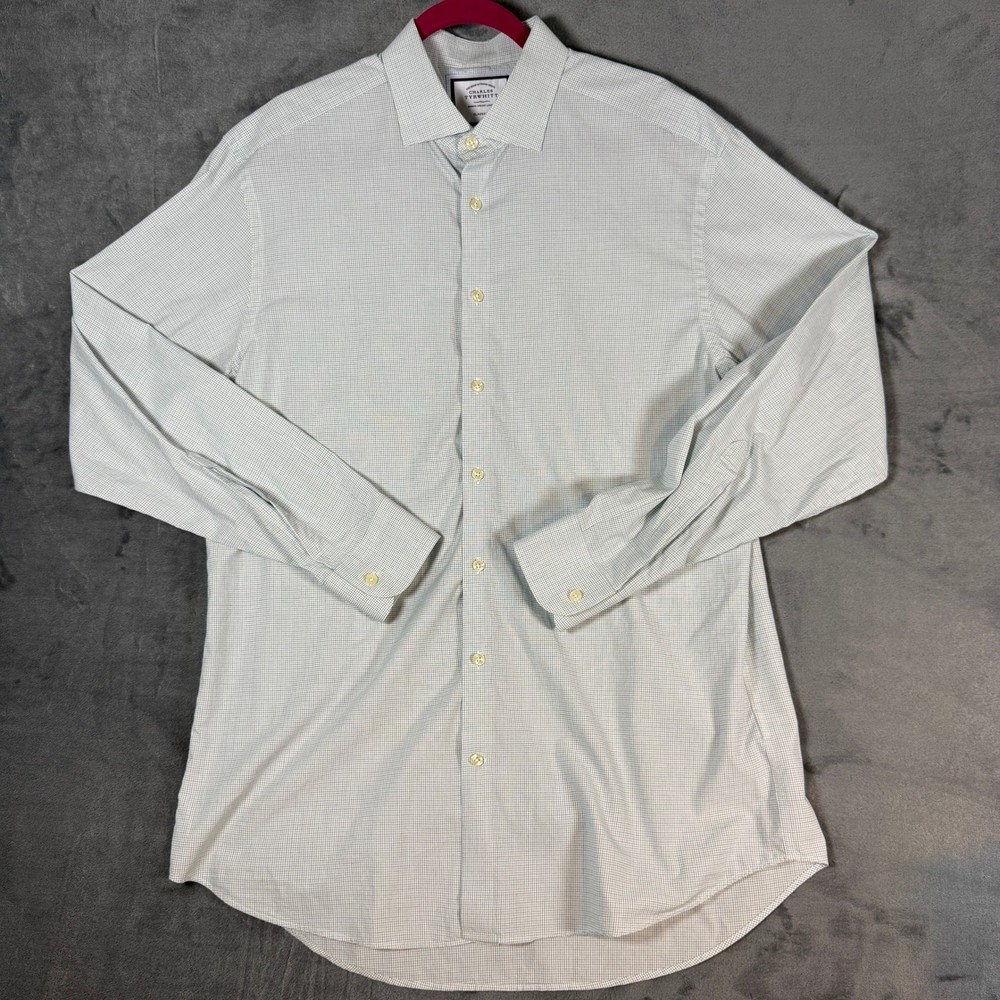 Charles Tyrwhitt Mens 16.5/35 Classic Dress Shirt Green Navy Grid Check Cotton