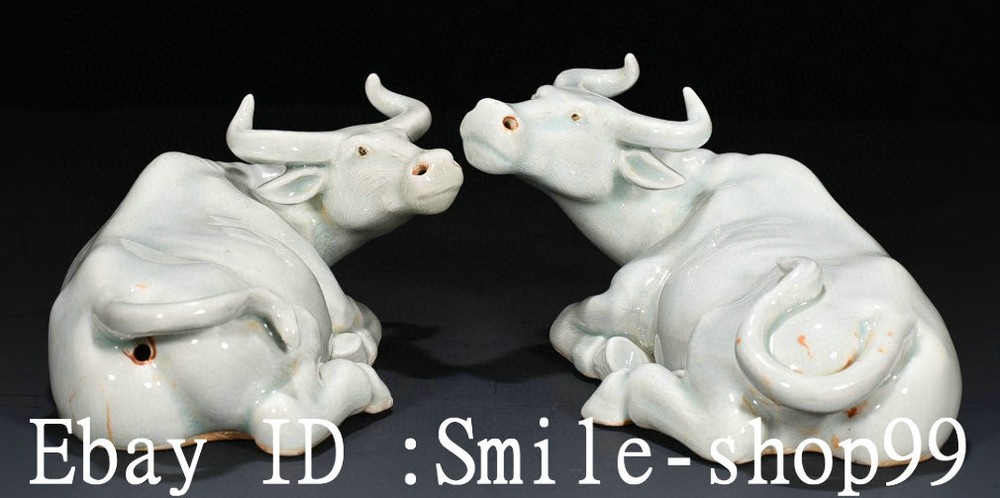 7.8 Inch Old Qing Dynasty Celadon Porcelain Handcrafted Bull Beast Pair Statue