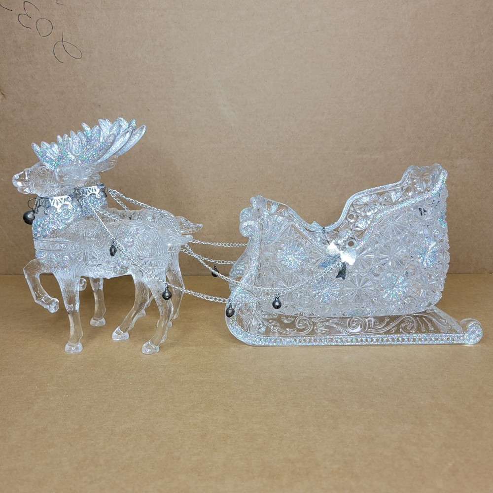 Vintage Christmas Sleigh & Reindeer Clear Acrylic Crystal-Style Silver Home Deco