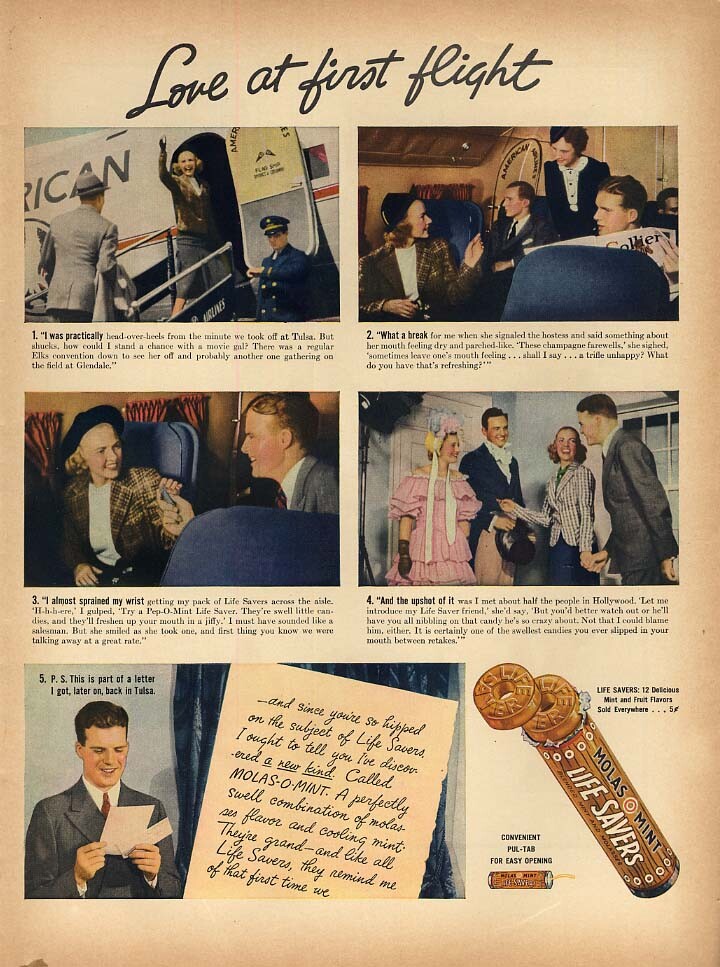 Amor en el primer vuelo - Molas-o-Mint Life Savers Candy anuncio 1937 American Airlines