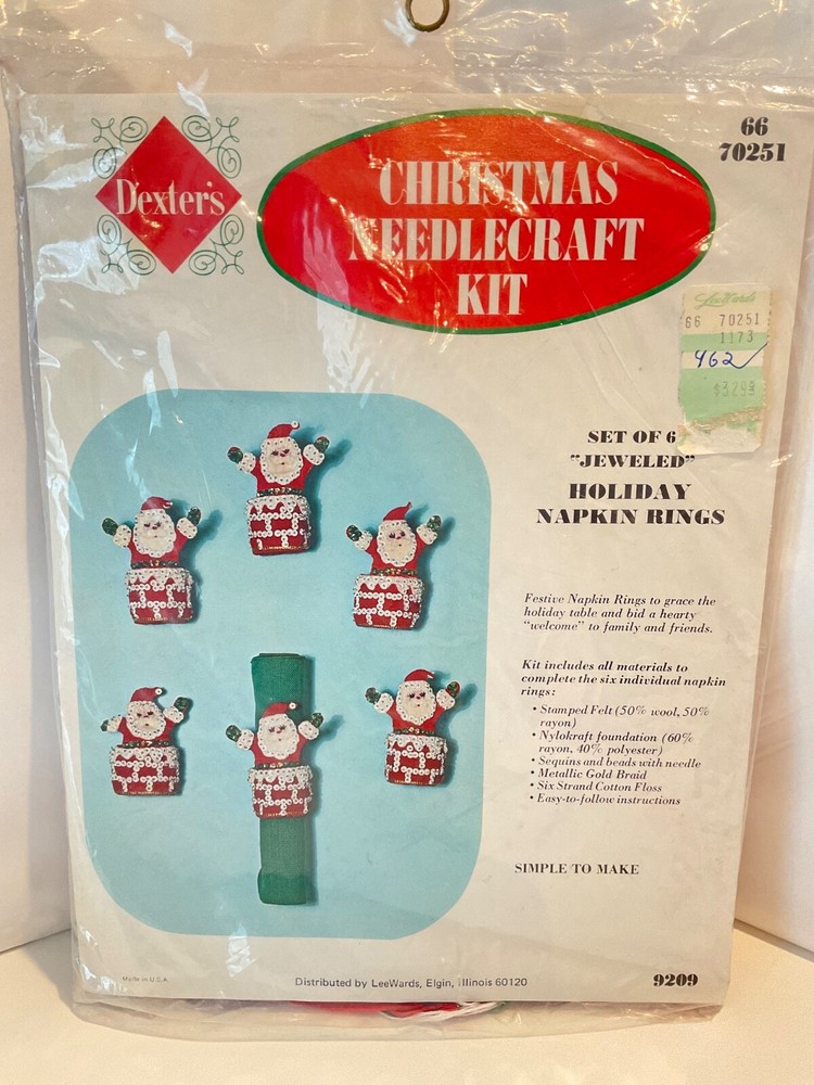 Vintage LeeWards Christmas Needle Craft Kit Set of 6 Jeweled Napkin Rings