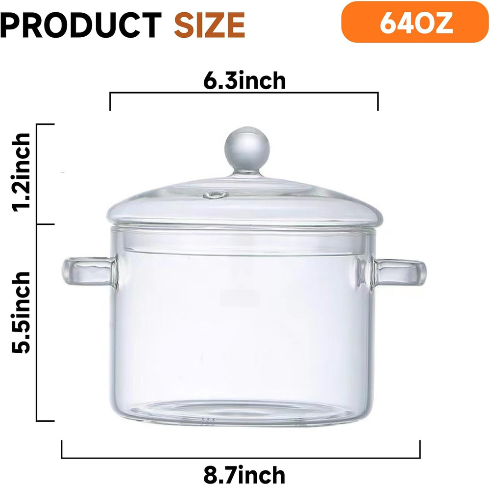 Glass Cooking Pot 1.9L/64Oz Heat-Resistant Borosilicate Glass Saucepan Cover Set