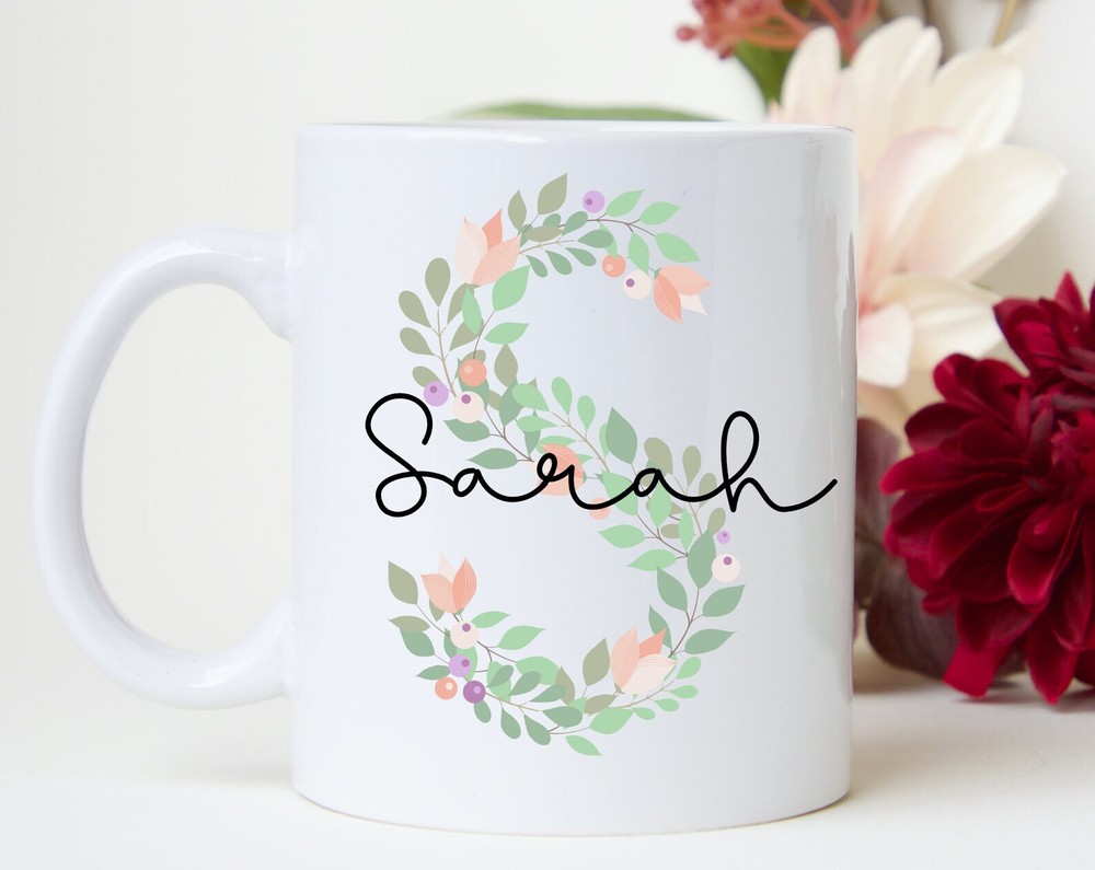 Floral Monogram Mug Personalised Mug With Floral Initial Gift For Her Custom Mug