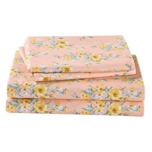 Yellow Floral Printed Full Bedding Sheet Set with Pink Flower Design