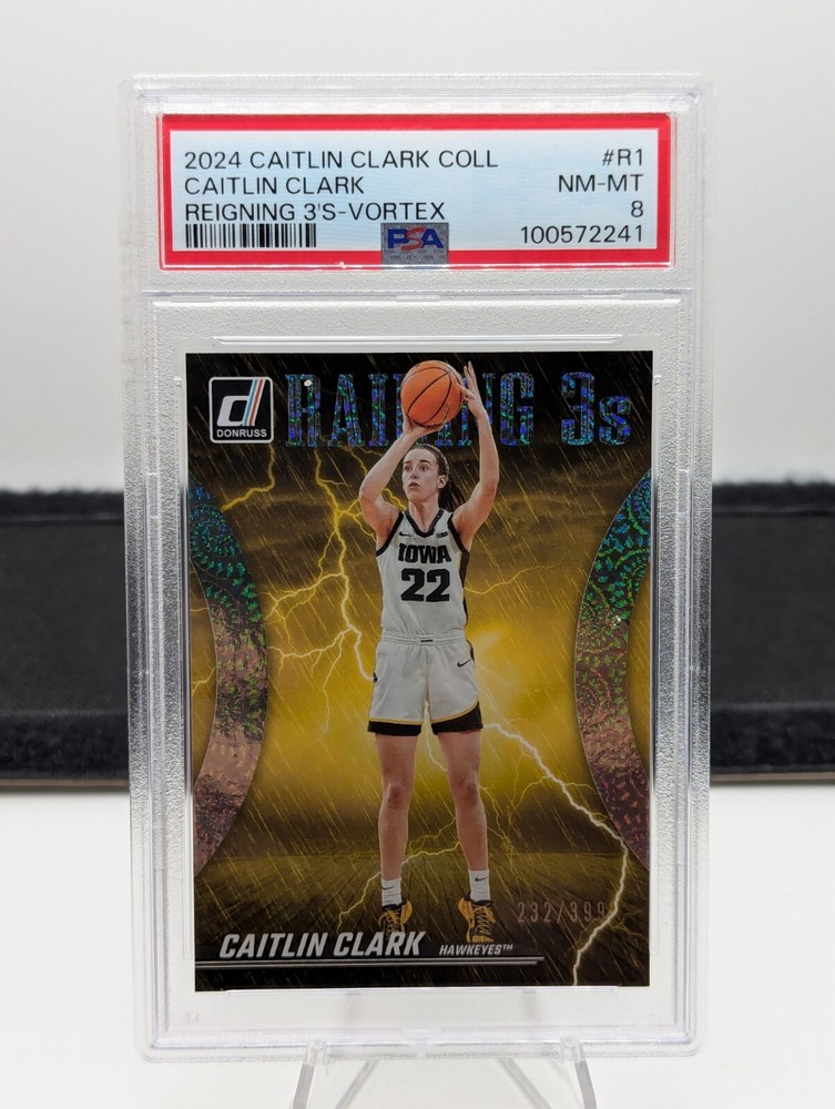 Caitlin Clark: 2024 Panini DONRUSS REIGNING 3s VORTEX #R1,  232/399, PSA8, POP 9