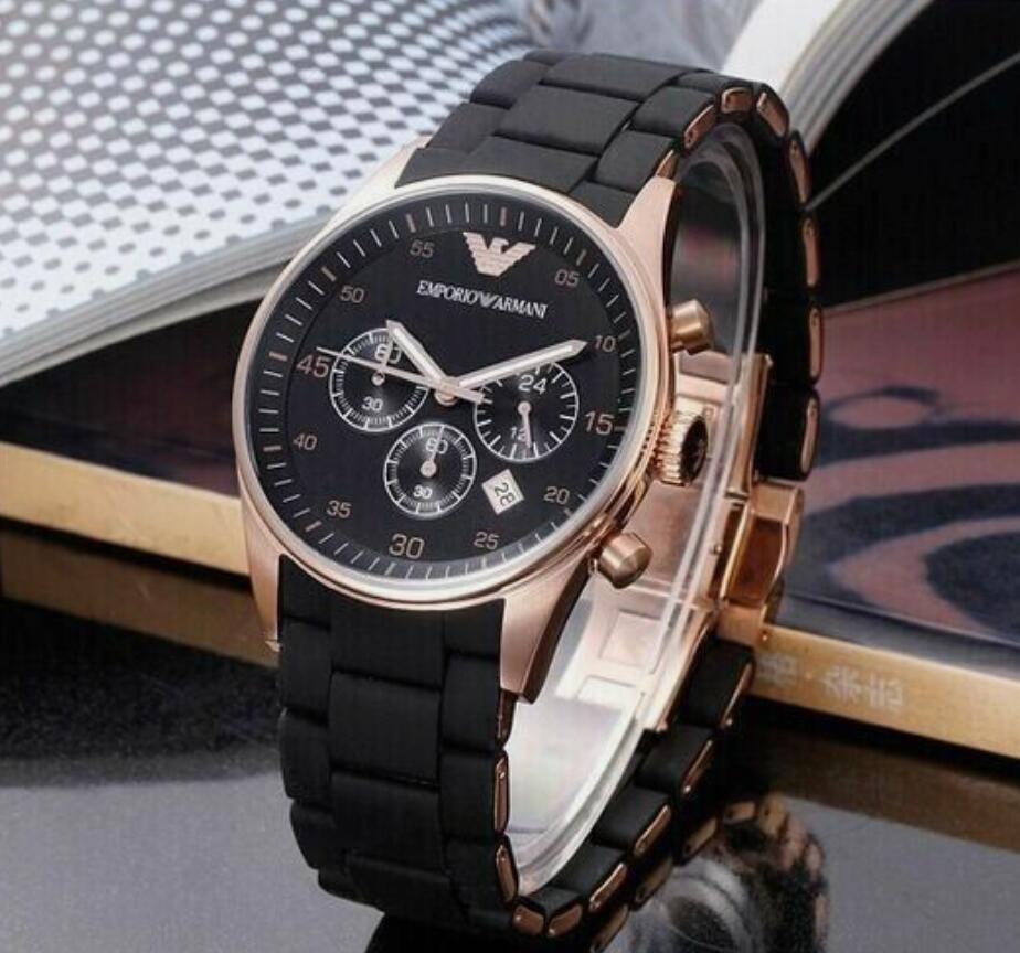 Emporio Armani AR5905 Mens Black Silicone Rubber Rose Gold Chronoraph Watch New