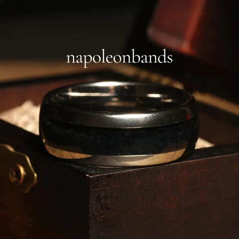 8mm Polished Dome Black Onyx Silver Tungsten Ring Mens Wedding Band Comfort Fit