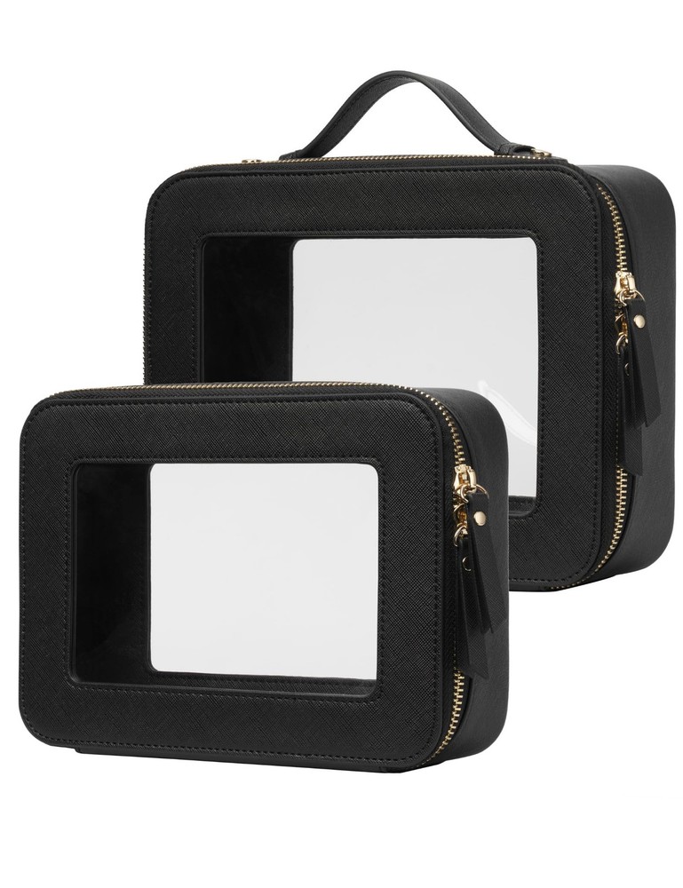 Clear Makeup Case Set - Large Black Toiletry Travel Bag with Transparent Cosmetic Organizer