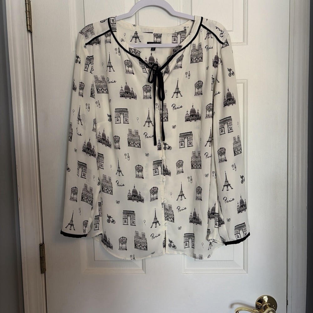 TALBOTS  Paris Theme Tie Neck LongSleeve Button Down Blouse - Womens Petites 1xp