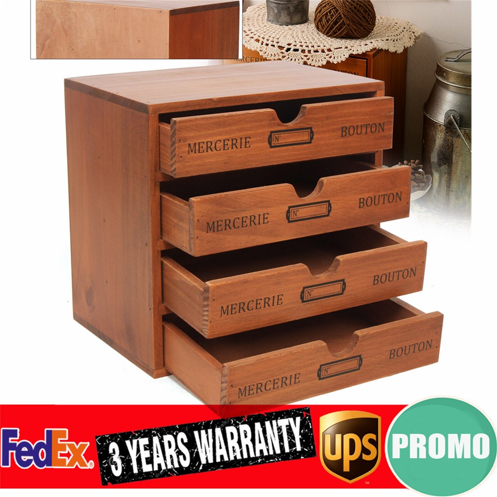 Desk Organizer with 4 Drawers, Vintage Wooden Storage Box Drawer Organizer NEW