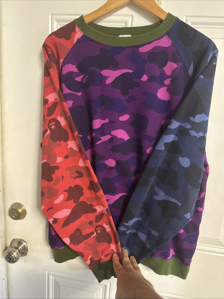 Bape OG Crazy Camo crew neck sweater A Bathing Ape Size Large Red Blue Purple