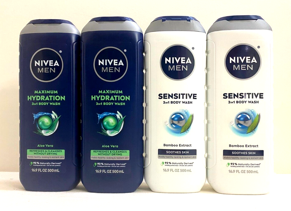 Nivea Men 3-in-1 Body Wash 16.9oz 4-Pack with Sensitive & Hydrating Aloe