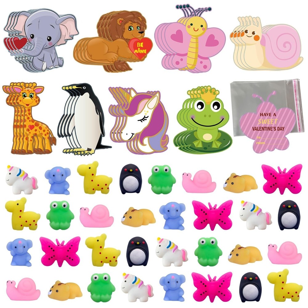 32-Pack Kids' Valentines Day Cards with Mochi Squishy Animal Toys  