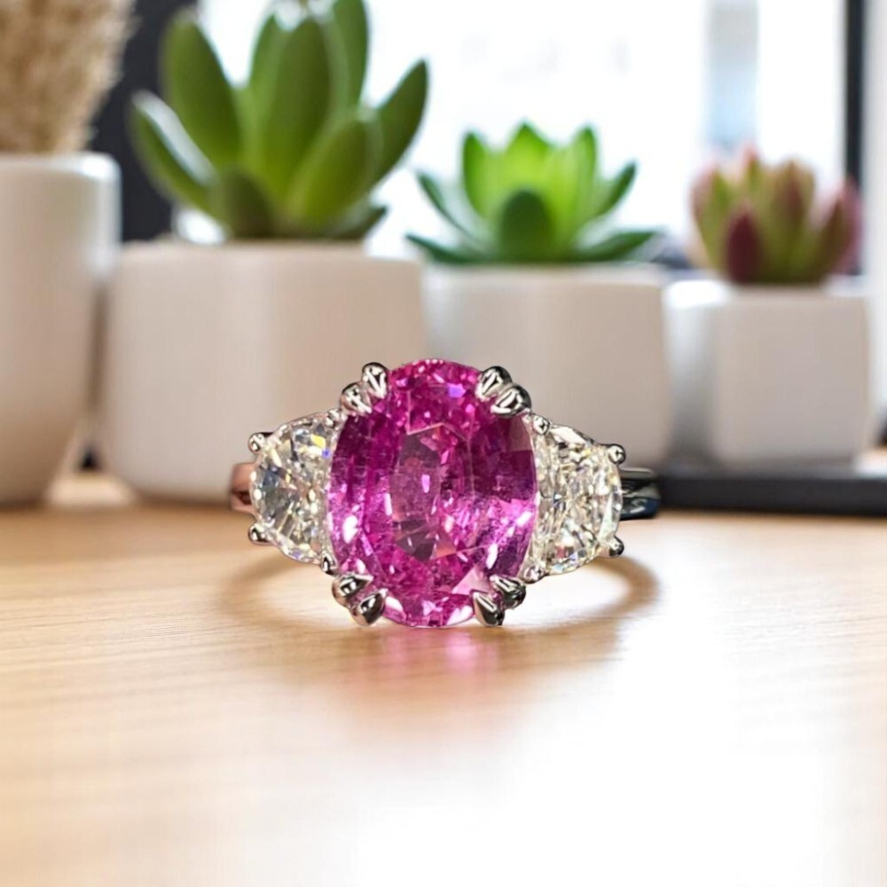 14K White Gold Engagement Ring 3.80 Ct Lab Grown Pink Sapphire Oval Cut