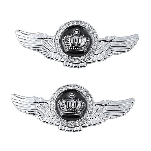 2PCS Wing Circular Crown Emblems,Crystal Diamond Crown Car Silver Black