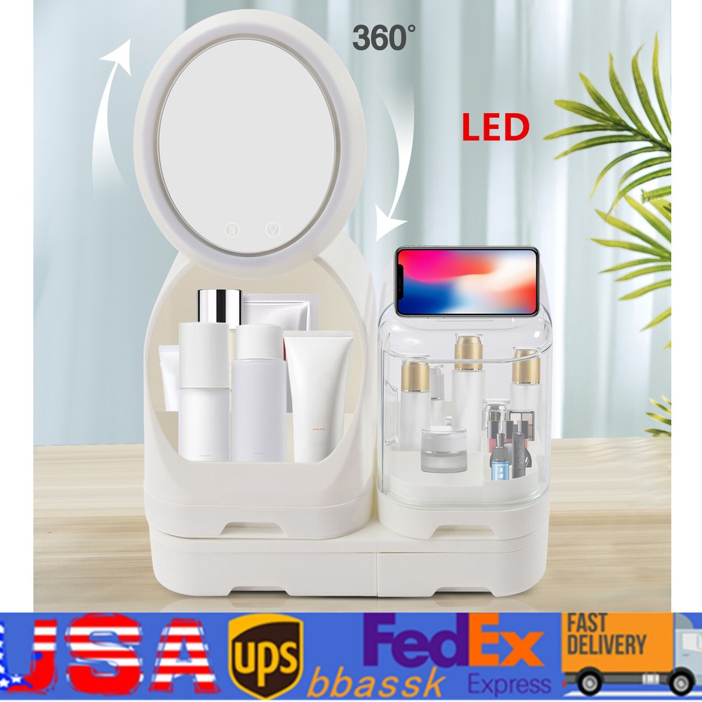 LED Makeup Cosmetic Box White Tabletop Organizer Storage Case W/ Rotating Mirror