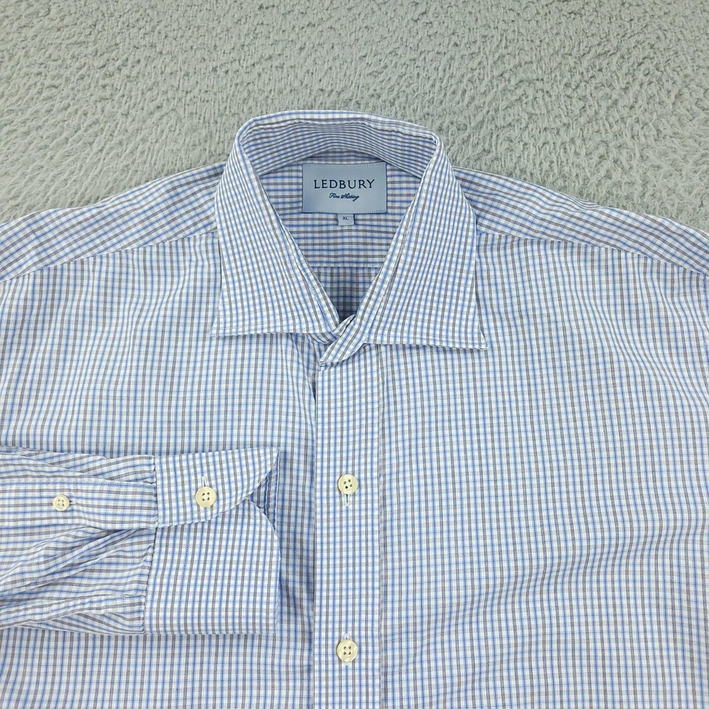 Ledbury Dress Shirt Mens XL Blue Gingham 100% Cotton Long Sleeve Spread Collar