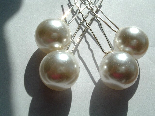 4 Wedding Large Plump White Pearl Silver Bobby Pins NWT