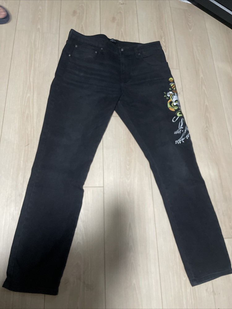 Ed Hardy Jeans Denim 5 Pocket Embroidered Skull Snake Panther Black Stretch Slim