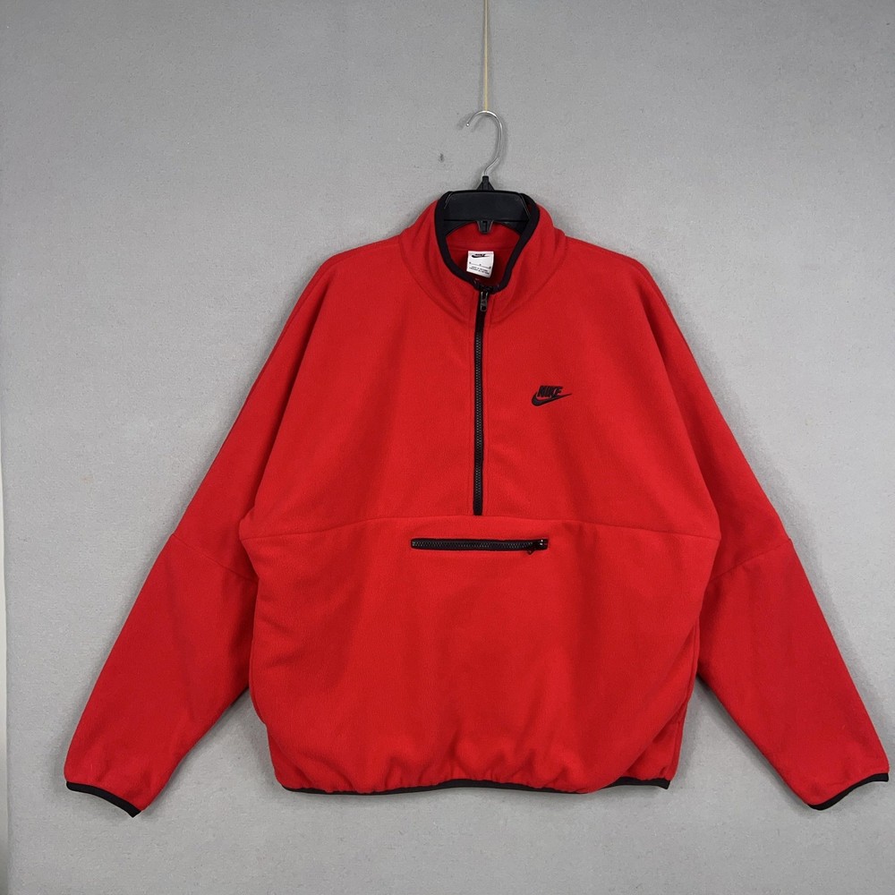 Nike Pullover Mens Medium Red Half Zip Club Fleece Pouch Pocket Swoosh Logo