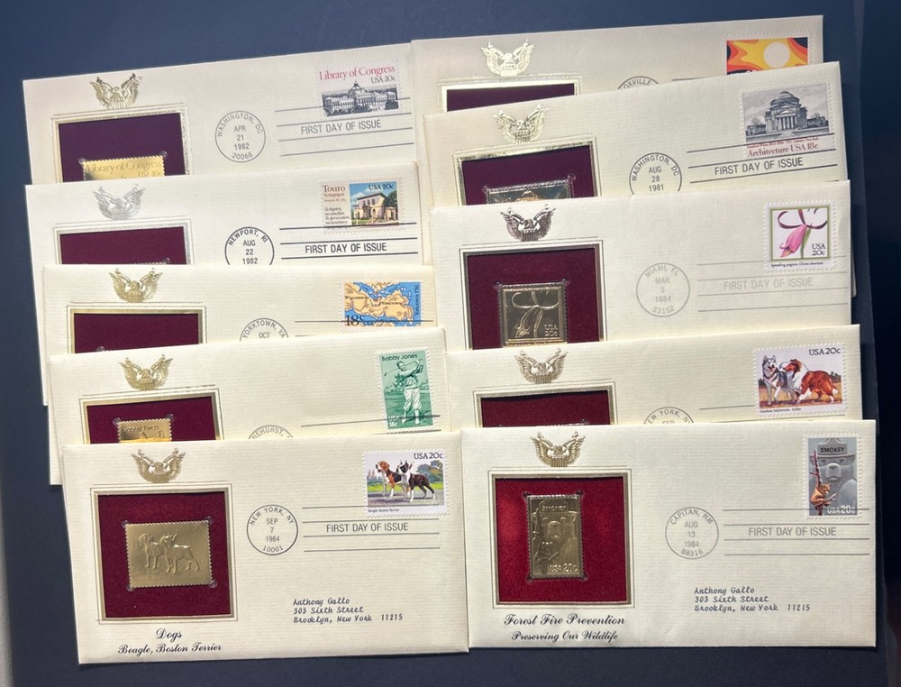 Mystery Lot of 10 Vintage 1980's 22kt Gold Replica First Day Stamps W/info cards