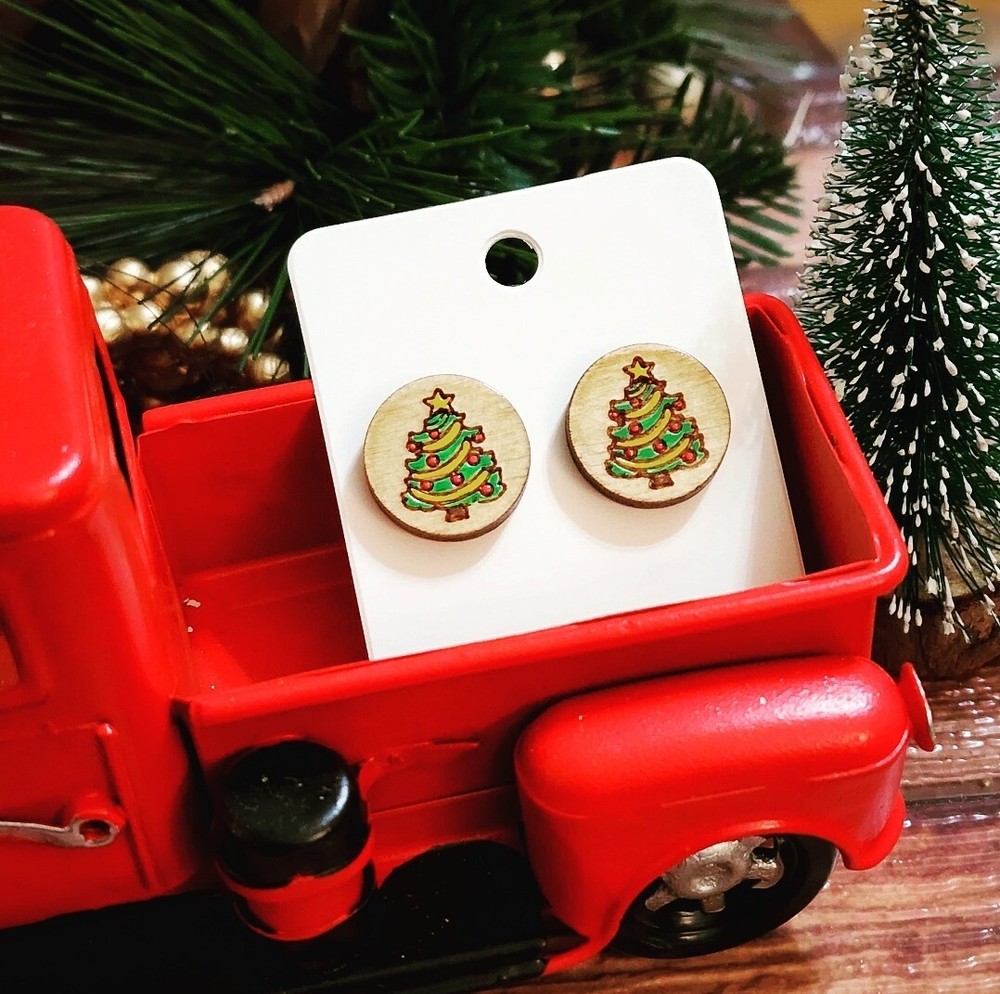 Sale: Hand-Painted Wooden Christmas Tree Stud Earrings, Bohemian Artisan Holiday Style-image