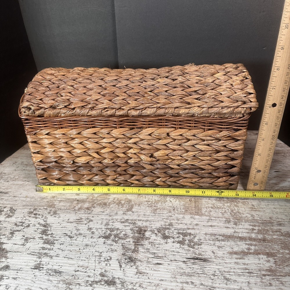 Woven Hyacinth Storage Basket with Hinged Lid & Metal Frame