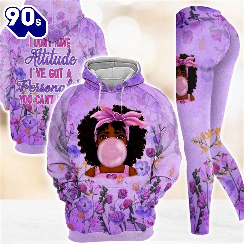 Black Girl Purple Flowers All Over Print Leggings Hoodie Set Outfit For Women