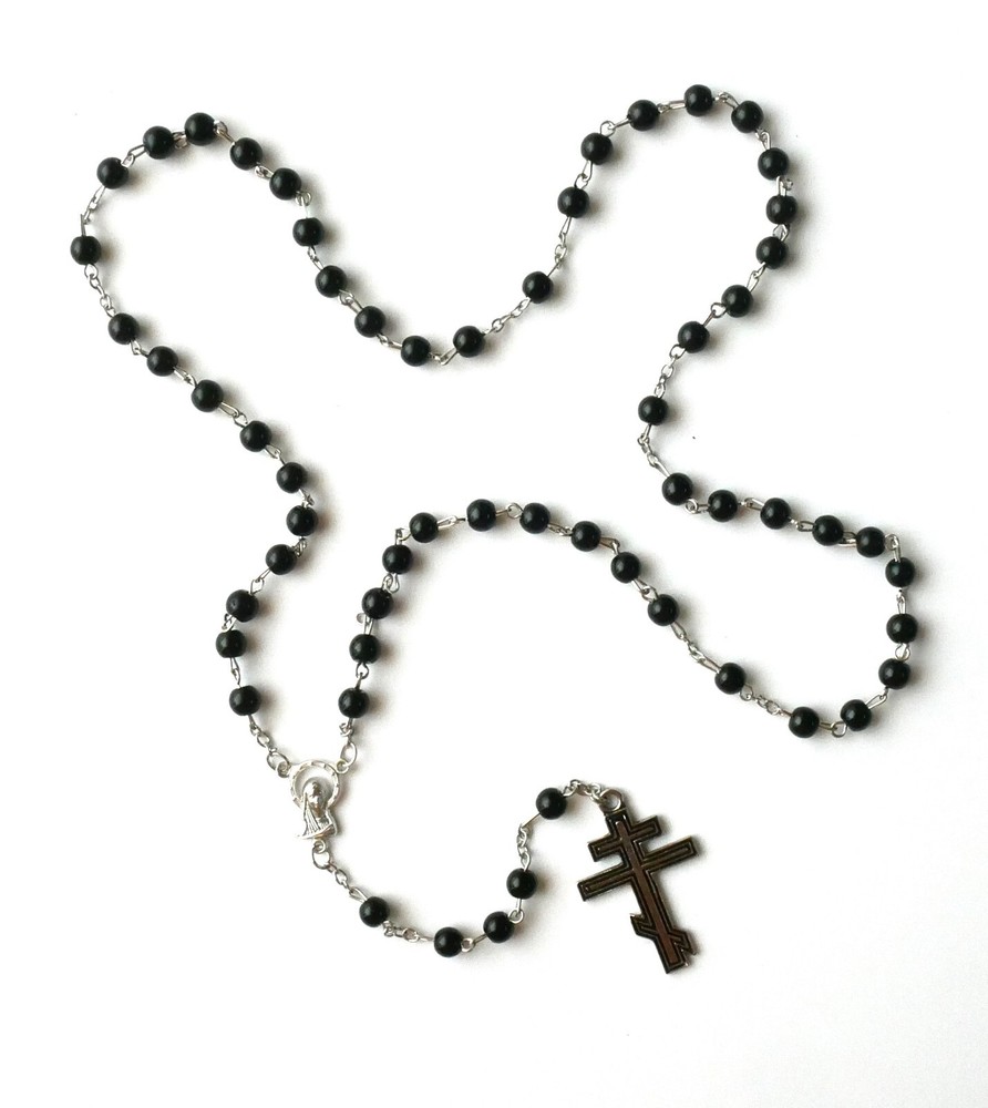 Orthodox black glass bead rosary with included pouch