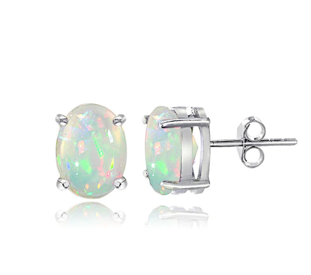 1 ct. Oval Opal Round Basket Stud Earrings in Solid Sterling Silver