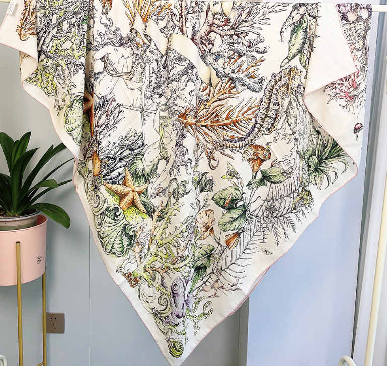 70% Cashmere 30% Silk Scarf Shape Shawl sea grass Print wrap Bandana 130X130cm