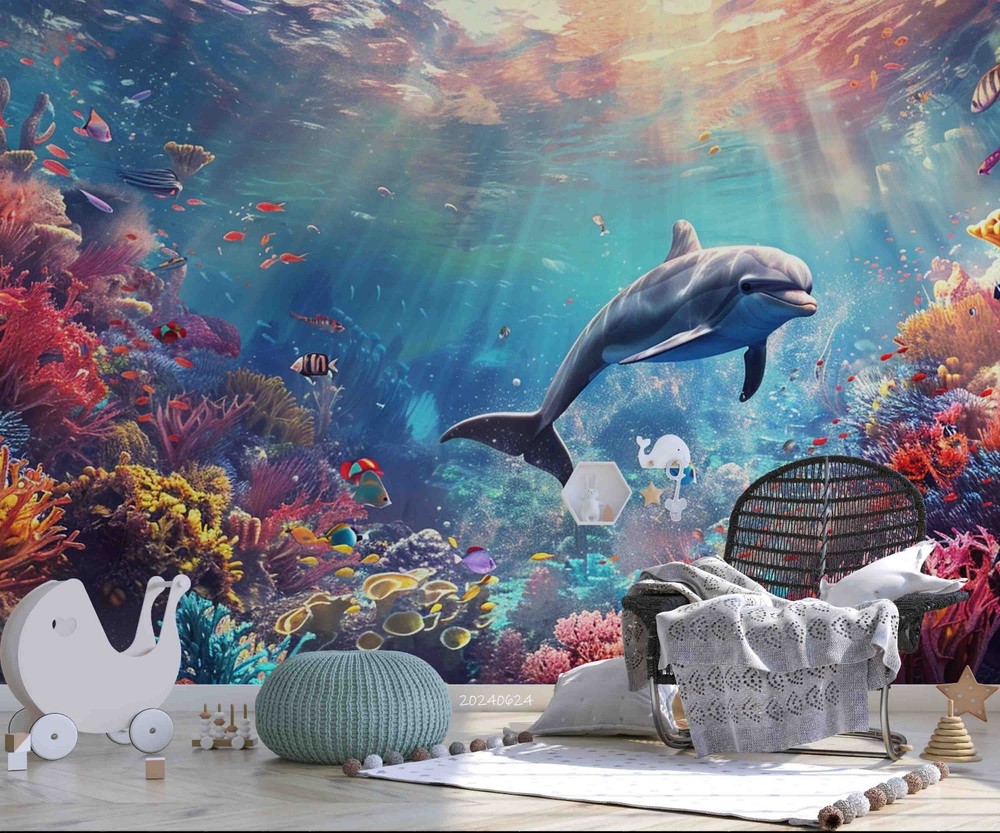 3D Ocean Dolphin Coral Illustration Wall Murals Wallpaper Murals Wall Sticker