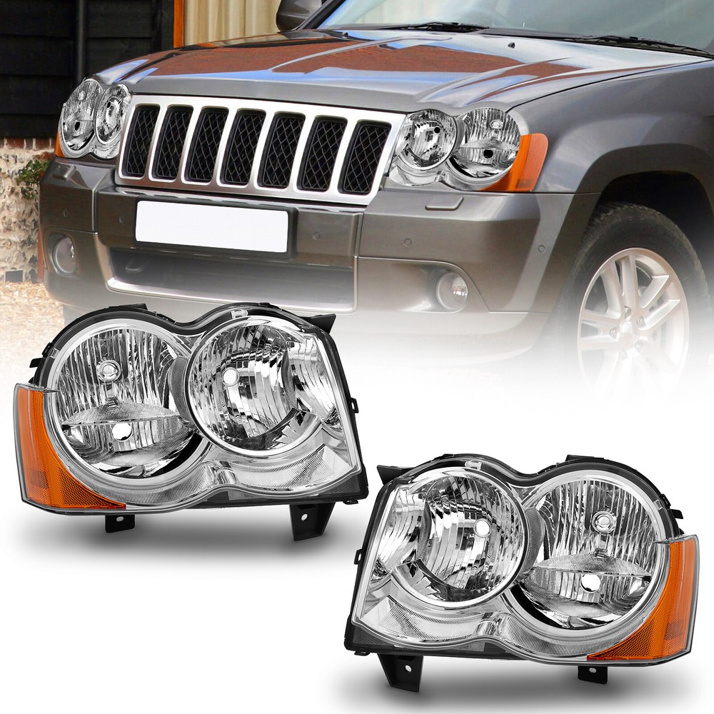 Headlights For 2008 -2010 Jeep Grand Cherokee Halogen Chrome Headlamp Left+Right