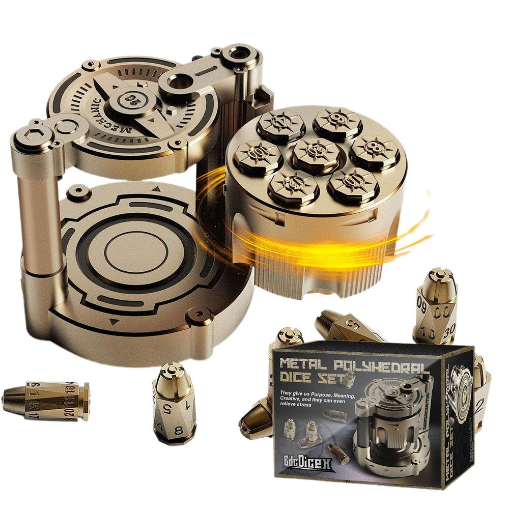 Metal Polyhedral Bullet Dice Set of 7 with Spinning Revolver Cylinder